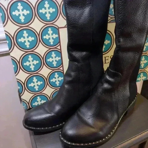 Charleston Shoe Co. Black Learher Soho Boots W/ Weitzman Studded Gold Accent 6 - Picture 3 of 13